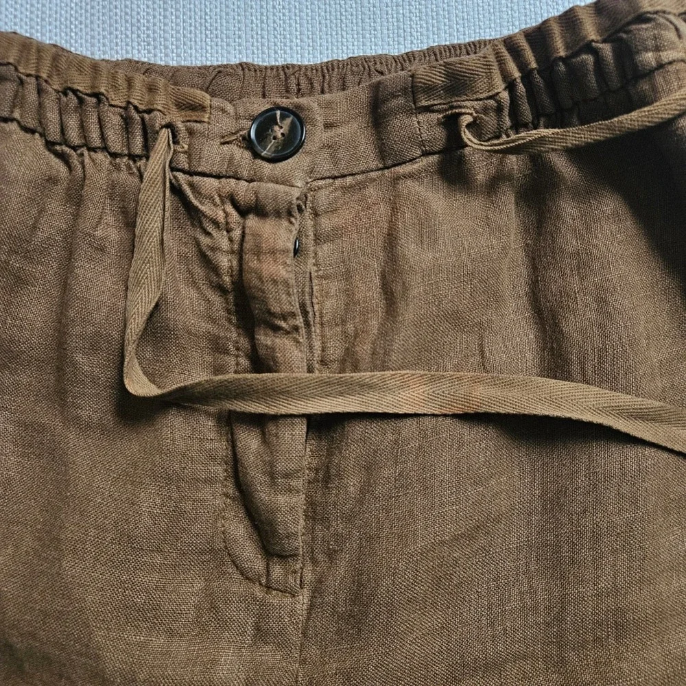 Zara Women Linen Pants M Brown Wide Leg‎ Elastic Waist Drawstring Sustainable